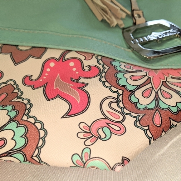 Ellen Tracy Faux Leather Tote Shoulder Bag Purse Turquoise With Floral Trim - Picture 7 of 13